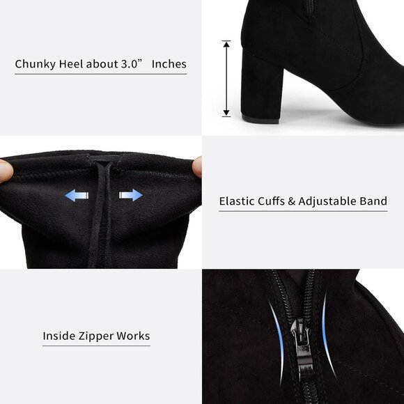 Women's Black Inner Zipper Thigh High Over The Knee High Square Heel Boots - Picture 4 of 8